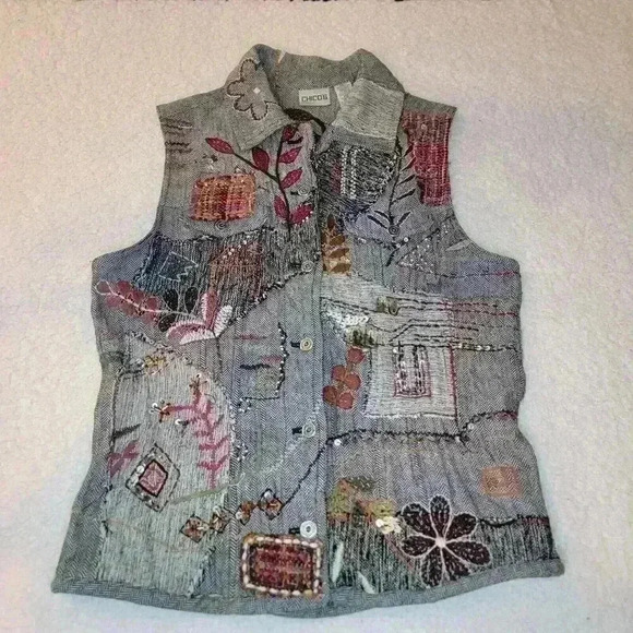 Chicos Vest Small Patchwork Embroidered Sashiko Eccentric Boho Friends 90s Art - Picture 7 of 16